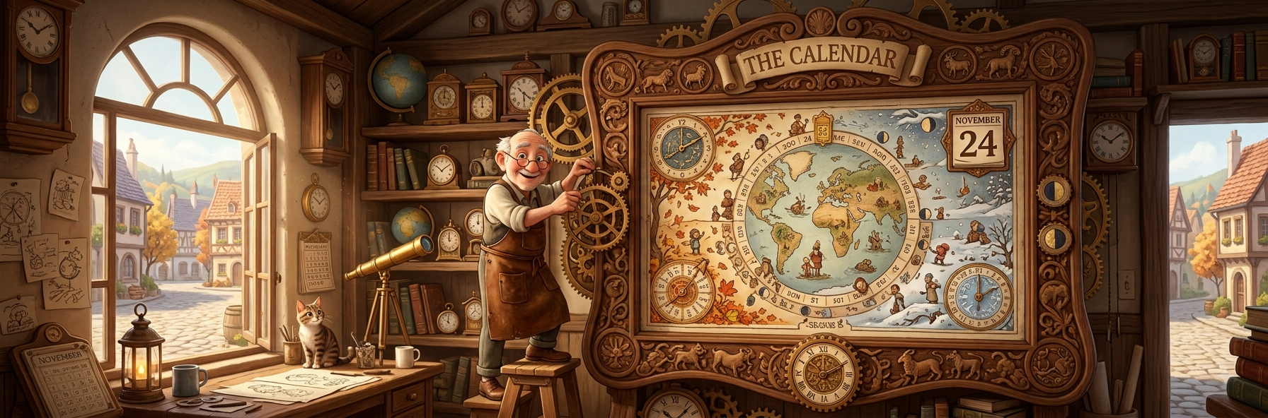 An old clockmaker in his workshop building an ornate wooden calendar showing the seasons, a world map and the date November 24