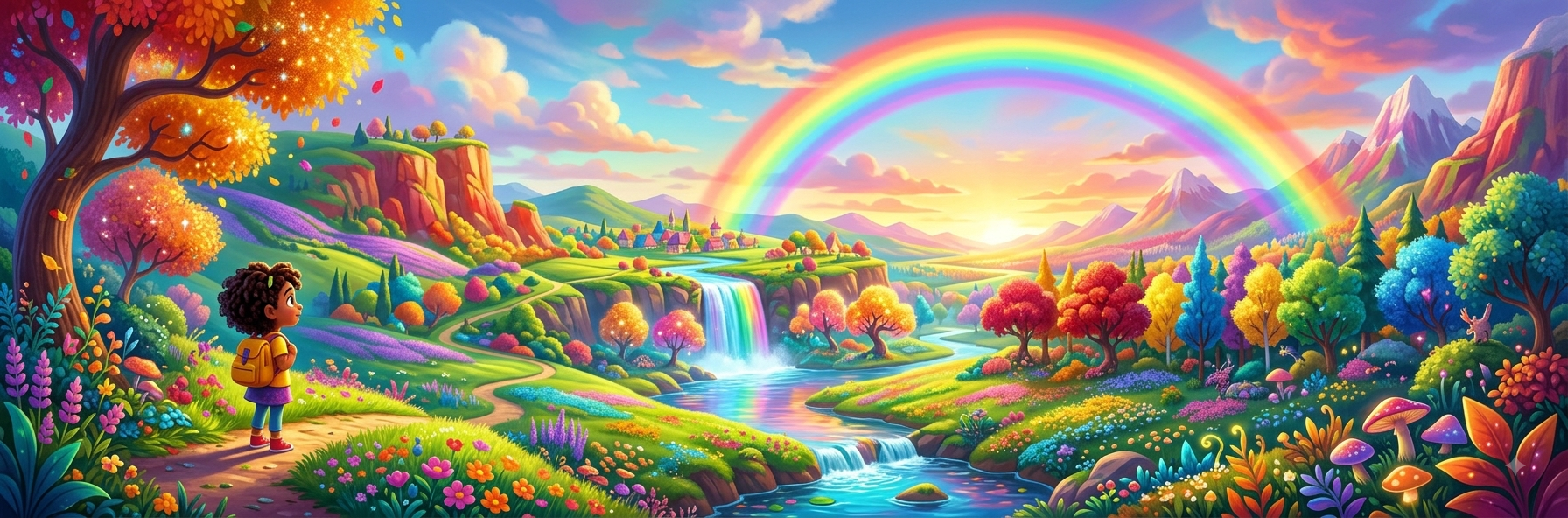 A girl exploring a colourful rainbow landscape with a waterfall, autumn trees and a rainbow arching over the valley