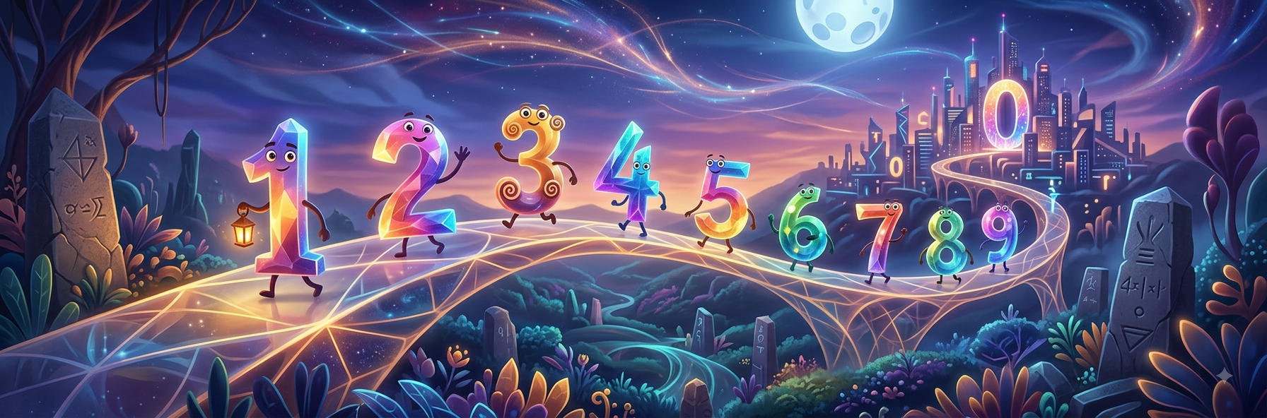 Glowing number characters 1 to 9 and 0 walking together along a magical path towards a night-time city