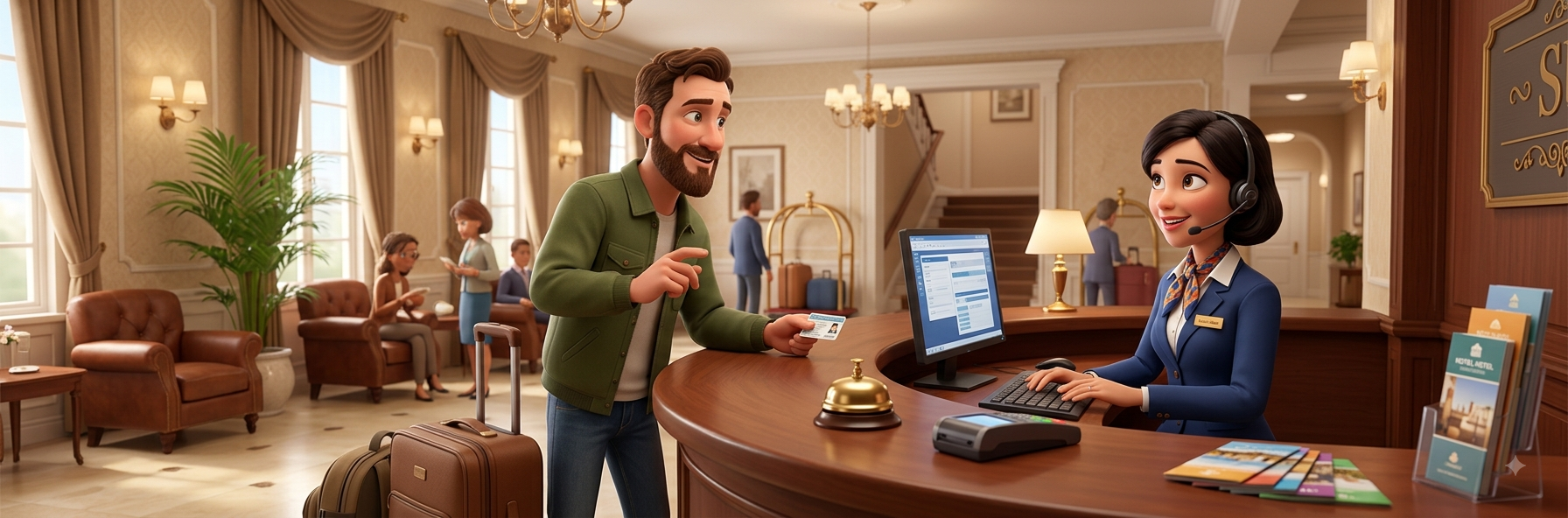 A guest handing his ID to the receptionist at a hotel front desk, with his suitcases beside him