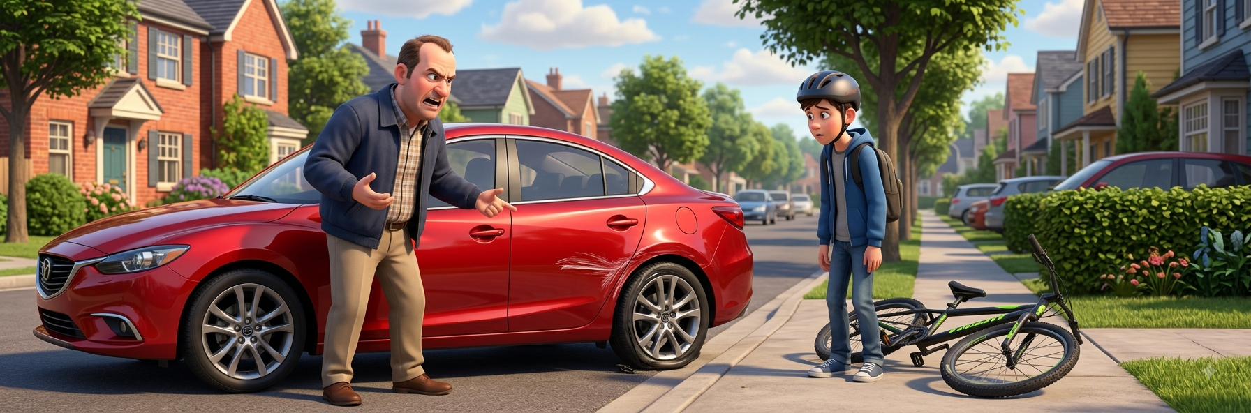 An angry man standing by his dented red car, confronting a boy with his bicycle on the pavement