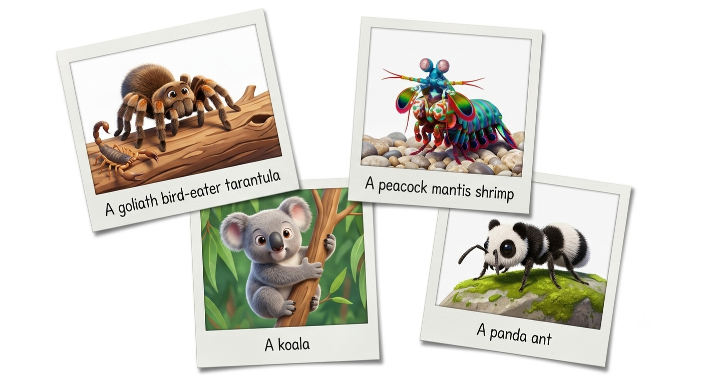 Four surprising animals: a goliath bird-eater tarantula, a peacock mantis shrimp, a koala and a panda ant