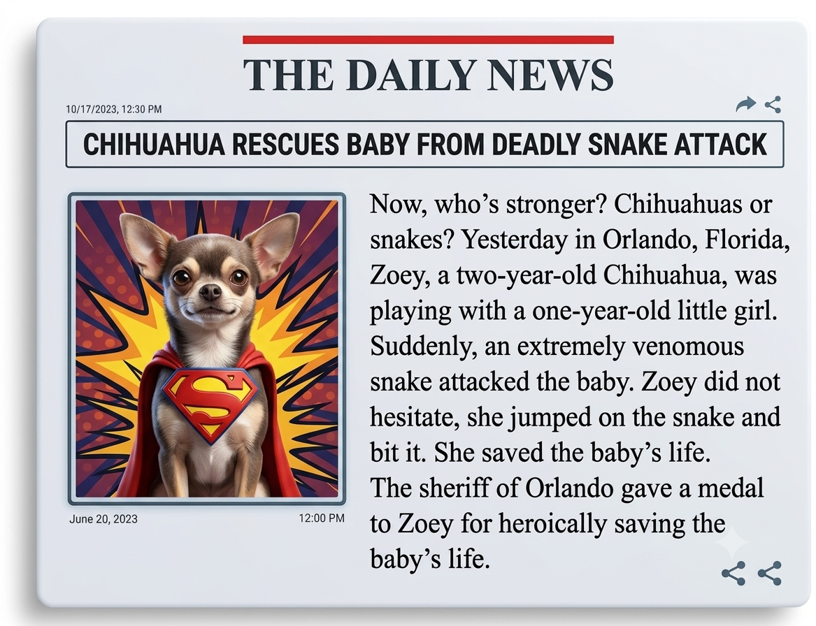 Newspaper article: Chihuahua rescues baby from deadly snake attack, about Zoey a two-year-old Chihuahua from Orlando, Florida