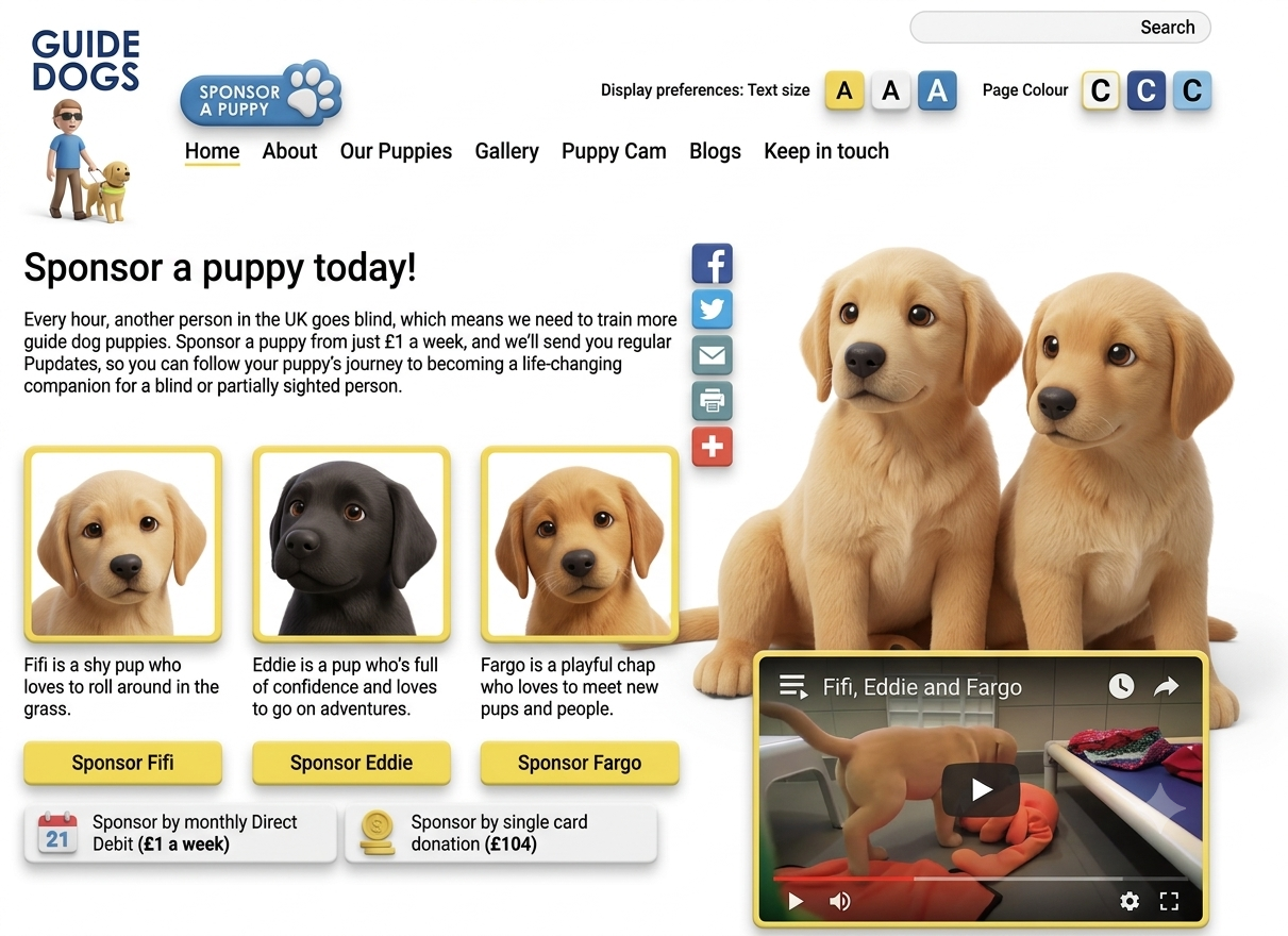 Guide Dogs charity webpage: Sponsor a puppy today, with photos of puppies Fifi, Eddie and Fargo, a video, and sponsorship options