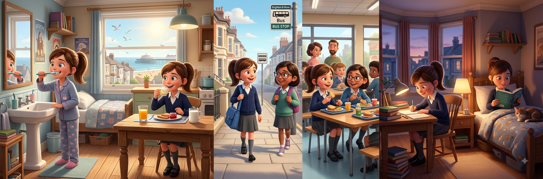 Sophie's day: brushing her teeth and having breakfast, walking to the bus stop, having lunch with friends at school, and doing homework before bed