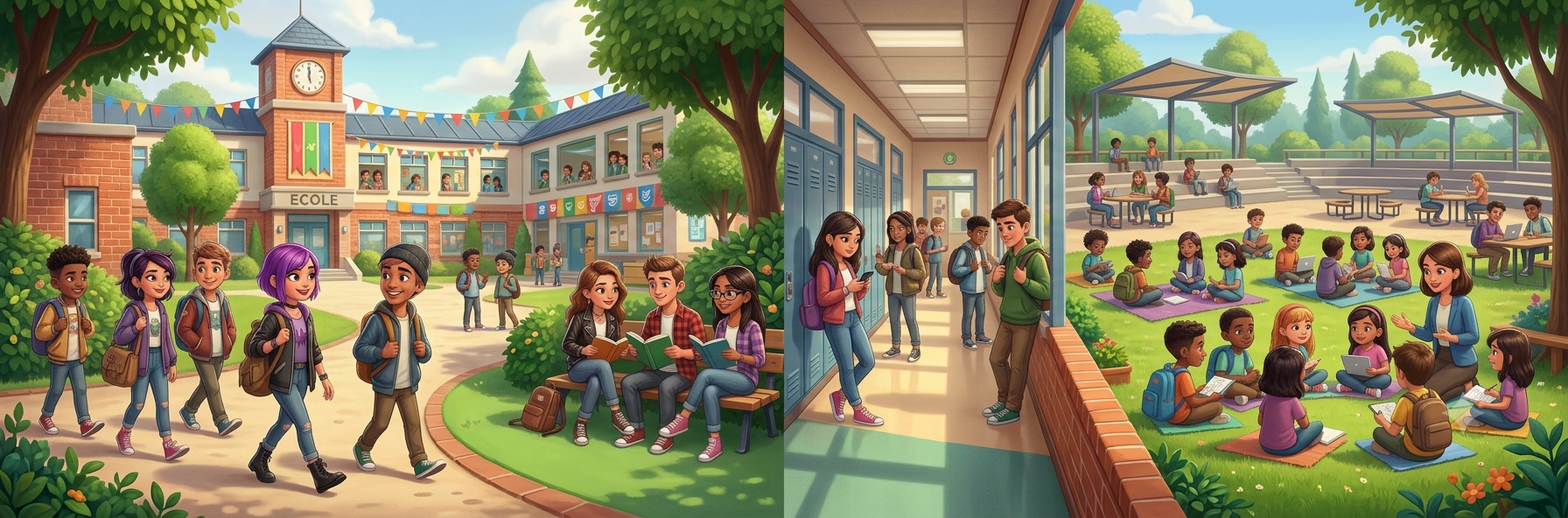 Students walking to school, chatting in the hallway, and sitting outside in the school yard