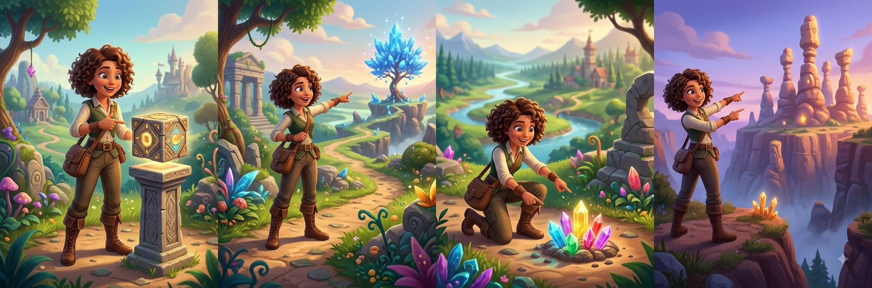 An explorer girl pointing at a nearby mysterious box, then at a distant glowing tree, crystals, and faraway rock towers across a valley