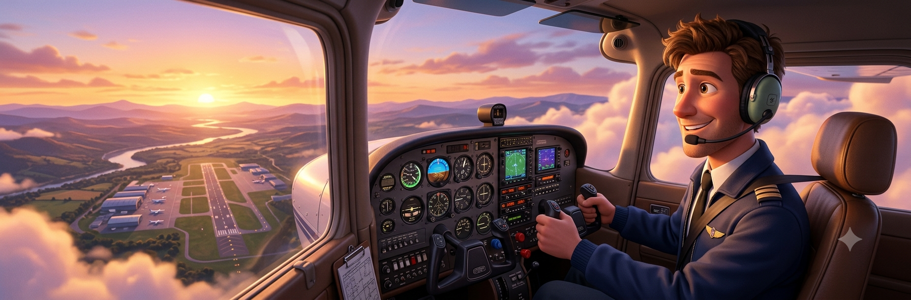A pilot smiling in the cockpit of a small plane flying over the countryside at sunset