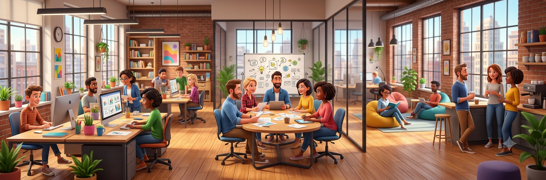 A modern open-plan office with colleagues working, meeting and chatting