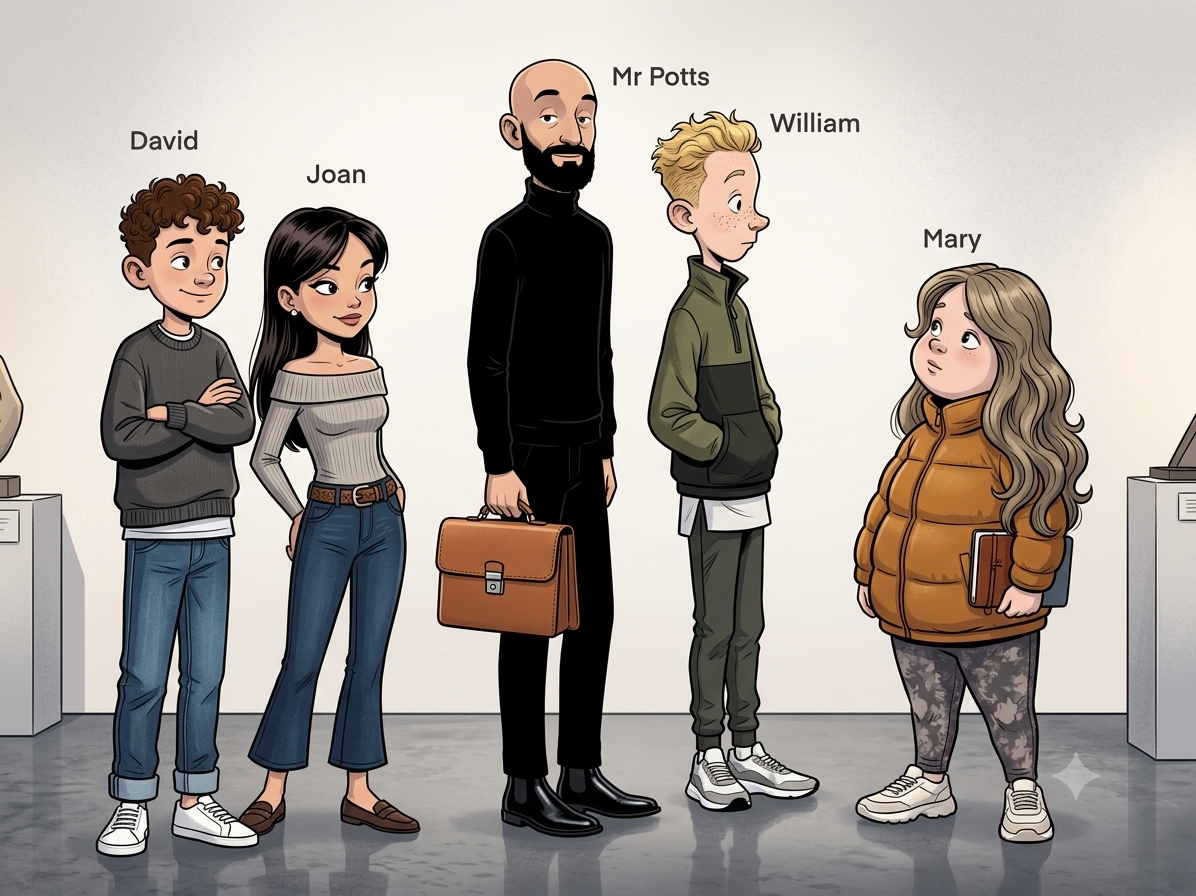 David, Joan, Mr Potts, William and Mary