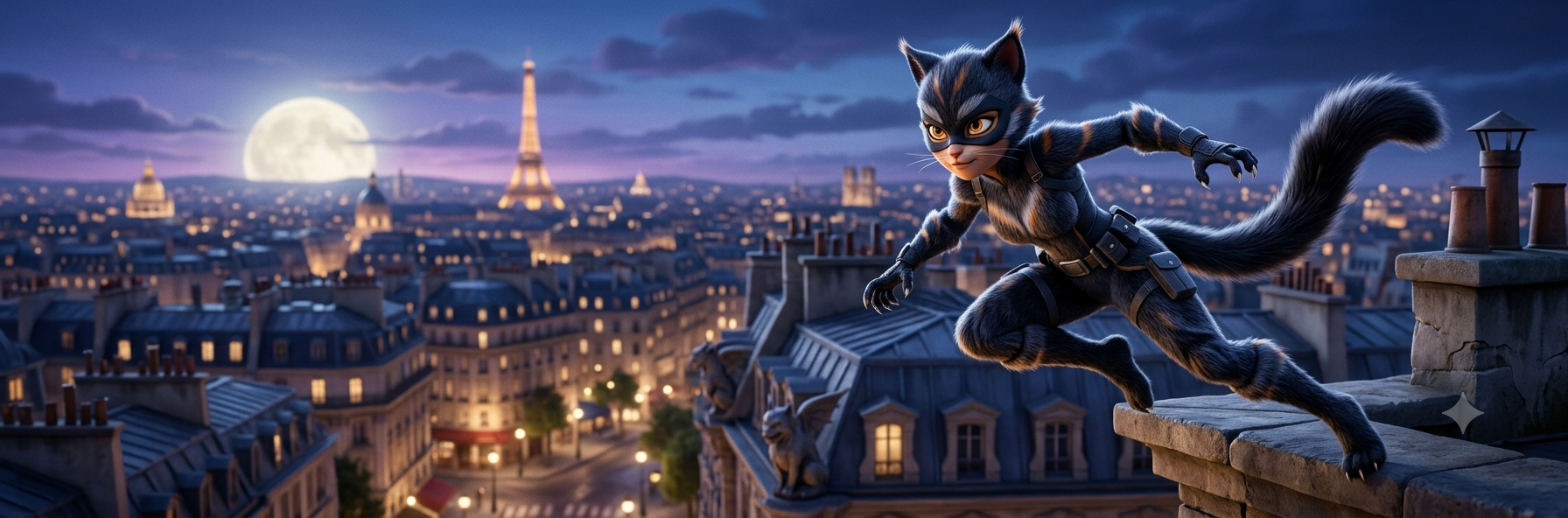 A cat-creature superhero leaping across Paris rooftops at night, with the Eiffel Tower in the background