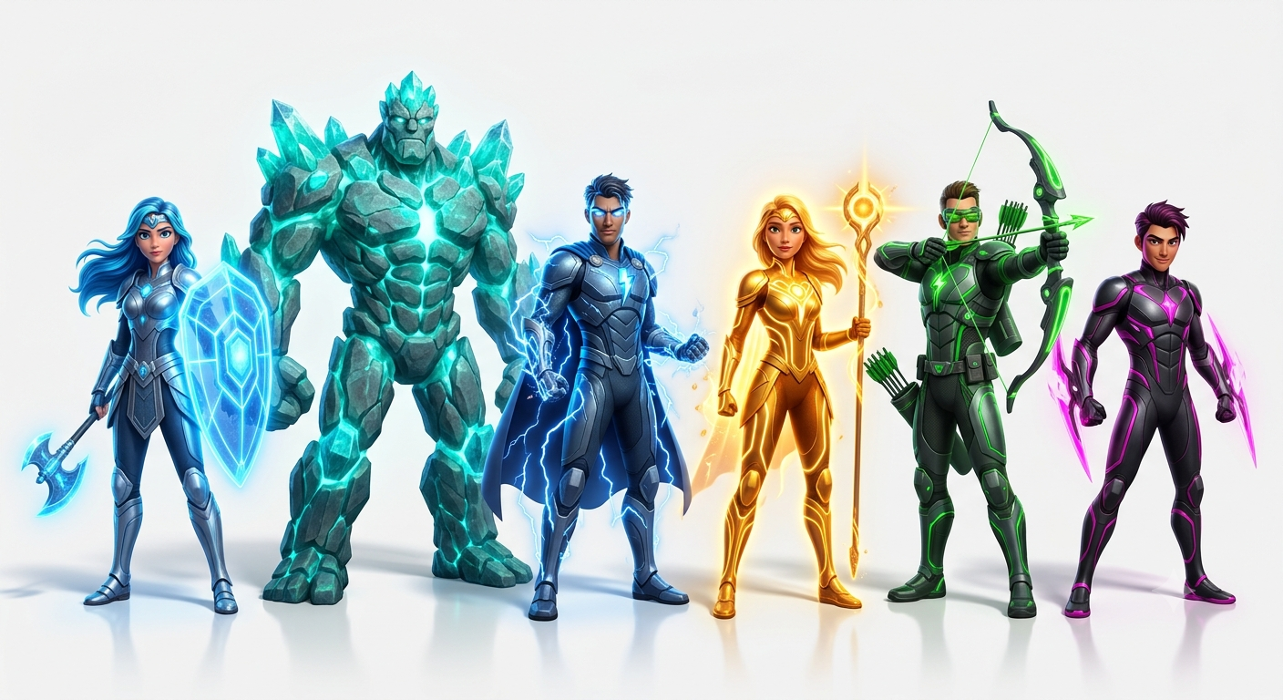 Six superheroes standing side by side