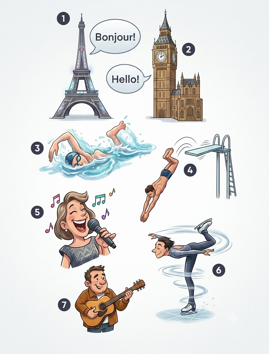 1. Eiffel Tower saying Bonjour and Big Ben saying Hello (speak French/English), 2. swimmer, 3. diver, 4. singer, 5. ice skater, 6. guitar player