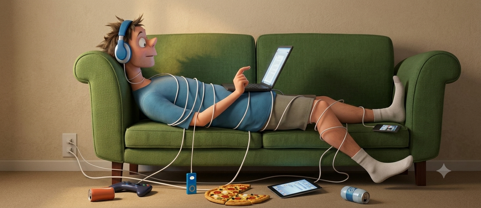 A teenager lying on a green sofa, tangled in cables, using a laptop, headphones, a tablet, a smartphone, a music player and a game controller