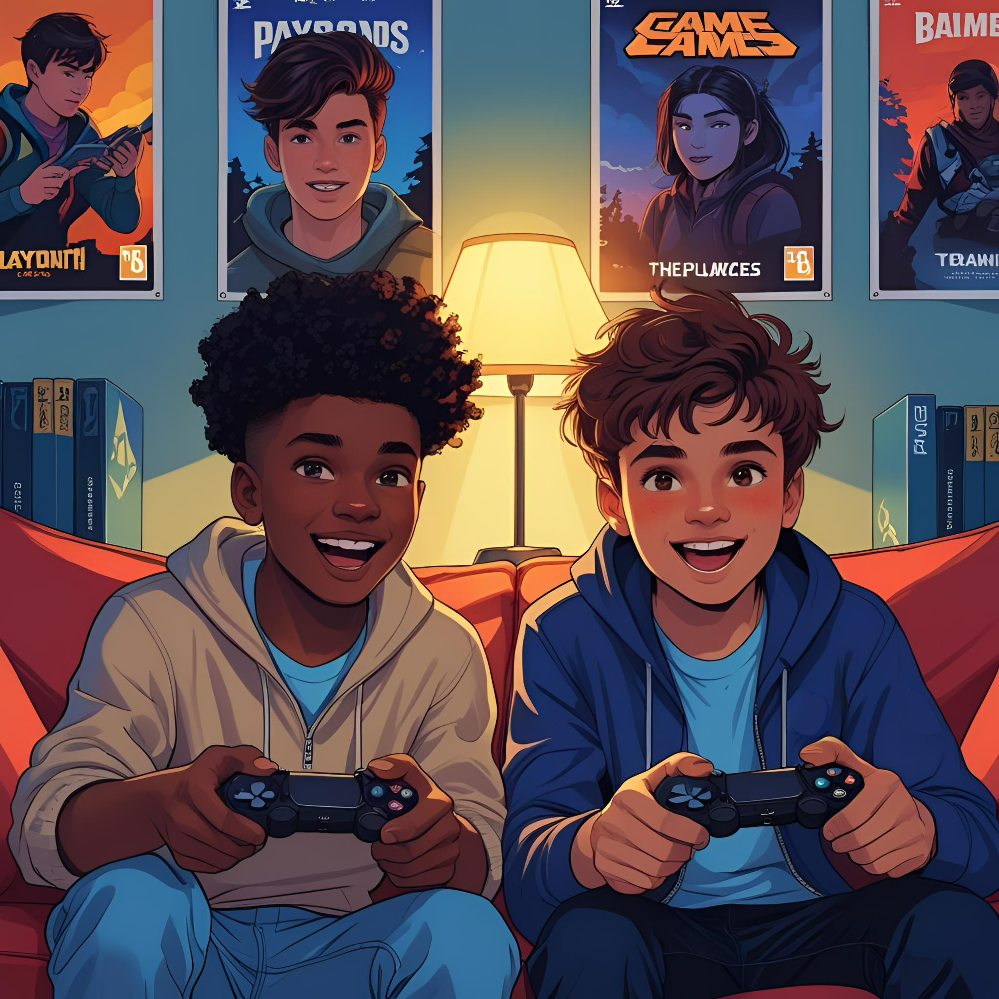 Two teenage boys playing video games together on a couch, holding controllers