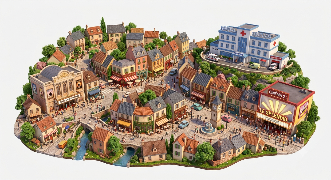 An illustrated view of the small town of Kentham, with a hospital, two cinemas, a fountain and cafés