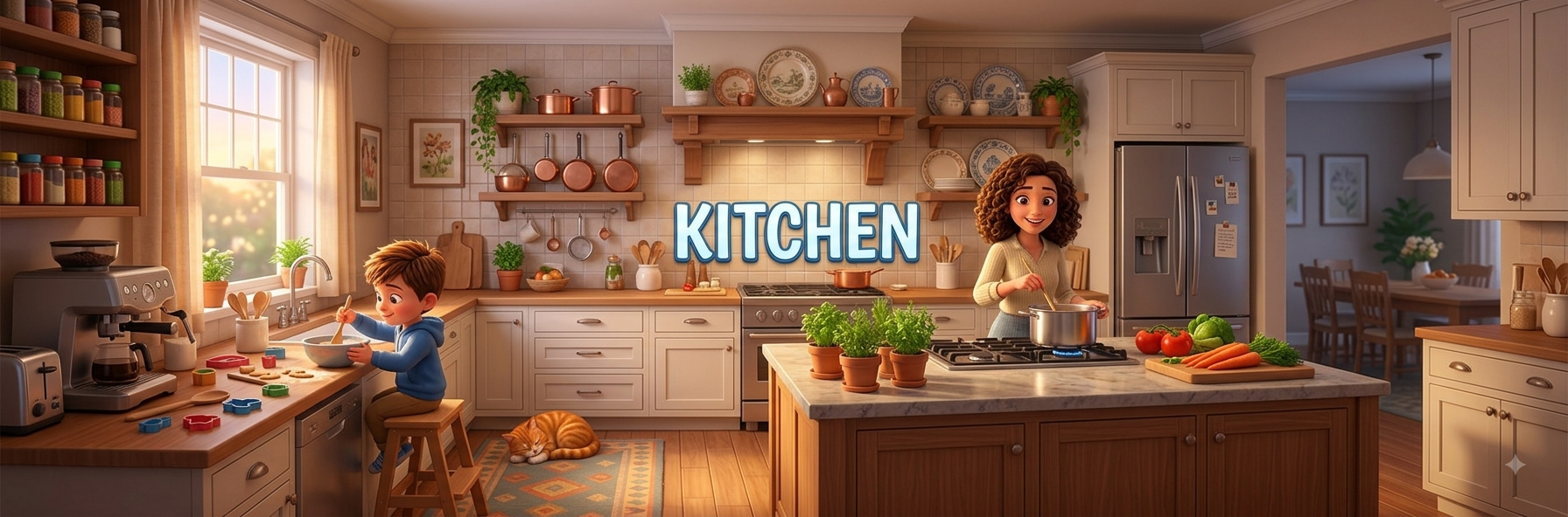 A boy baking cookies at the counter and his mum cooking vegetables at the kitchen island, with a cat sleeping nearby