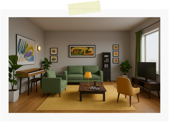 A living room with a green sofa, armchairs, a coffee table, plants, a piano, a TV and framed art