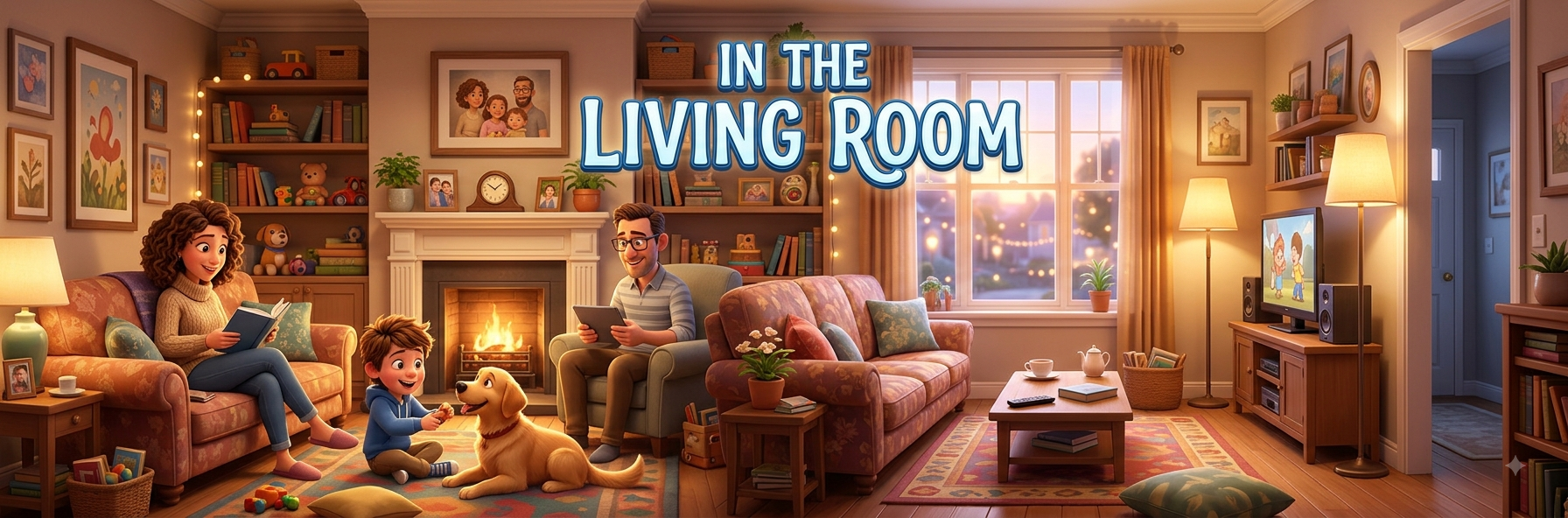 A cosy living room with a family reading, playing with their dog by the fireplace, and watching TV
