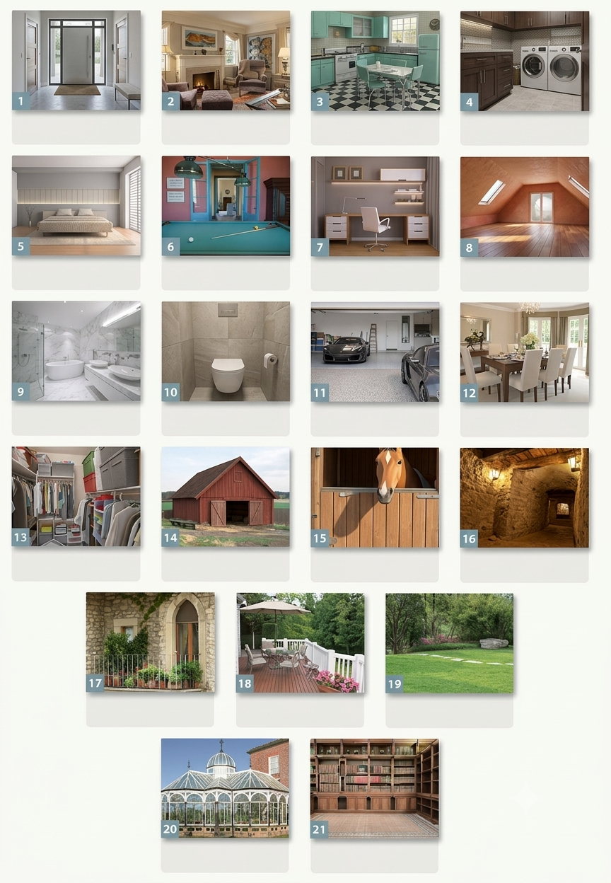 21 numbered photos of different rooms