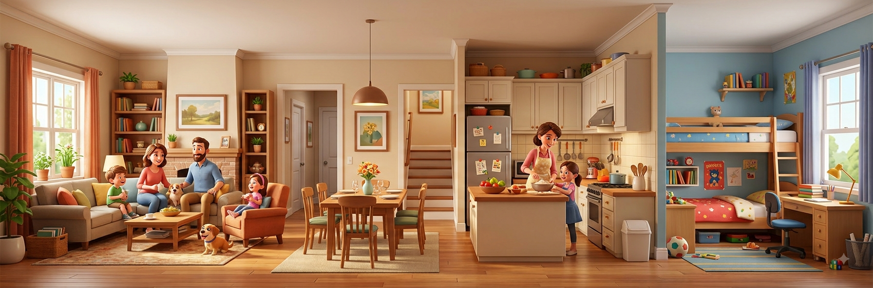 A cross-section of a house showing the living room, dining room, kitchen and a child's bedroom, all furnished and full of life