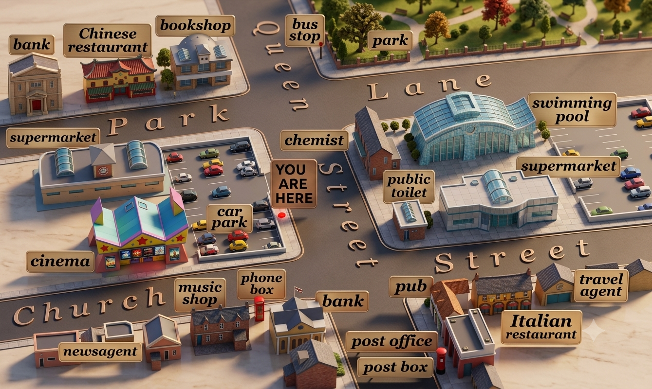A labelled street map with shops around Queen Street and Church Lane