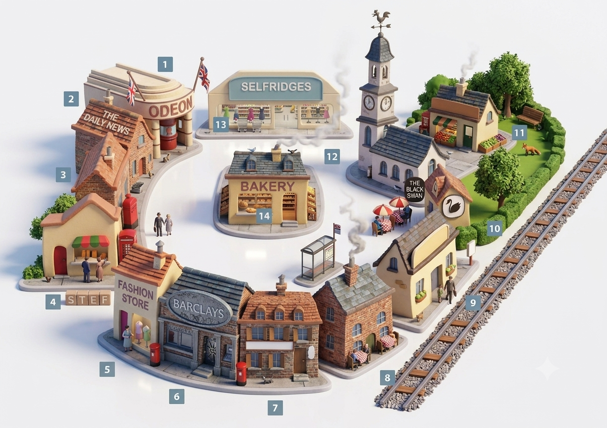 A row of town buildings, numbered 1 to 14