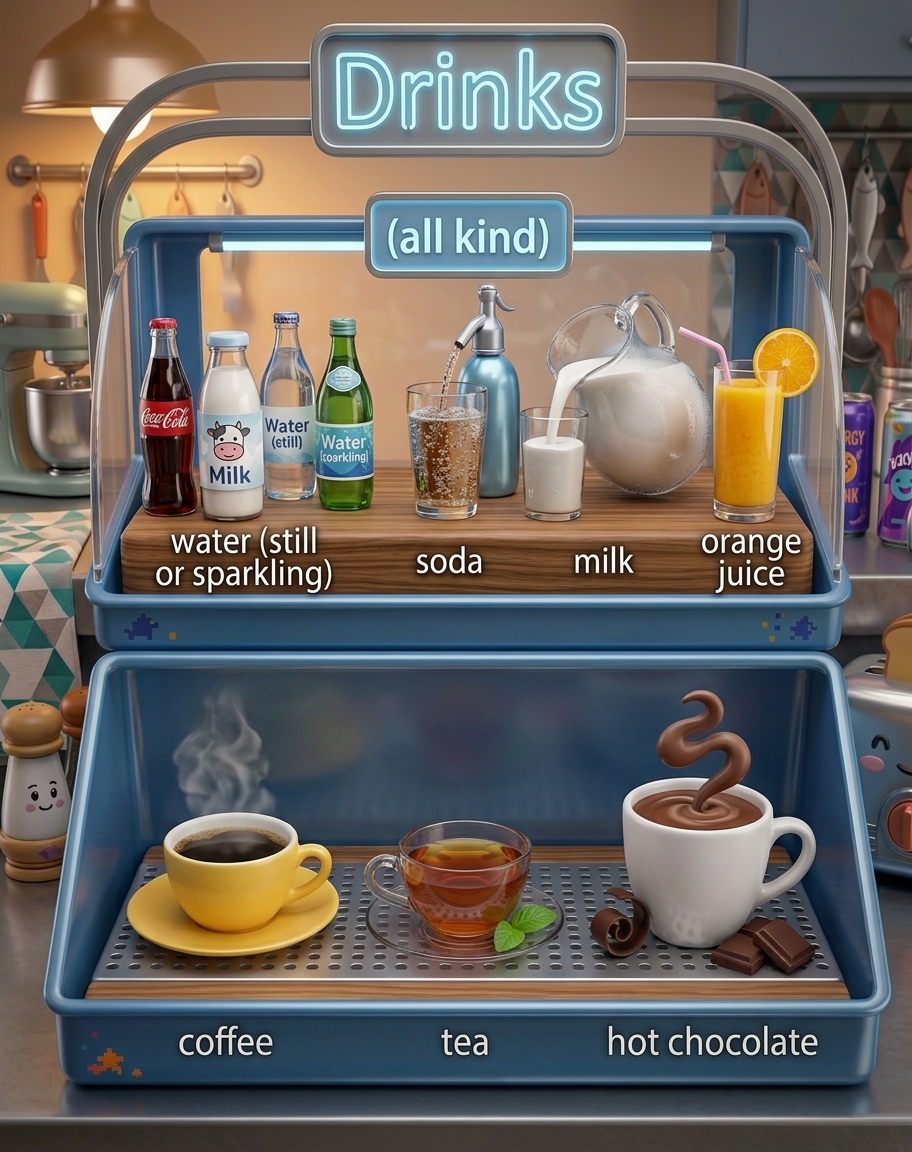 Pictures of drinks: soda, milk, water, orange juice, coffee, tea, hot chocolate