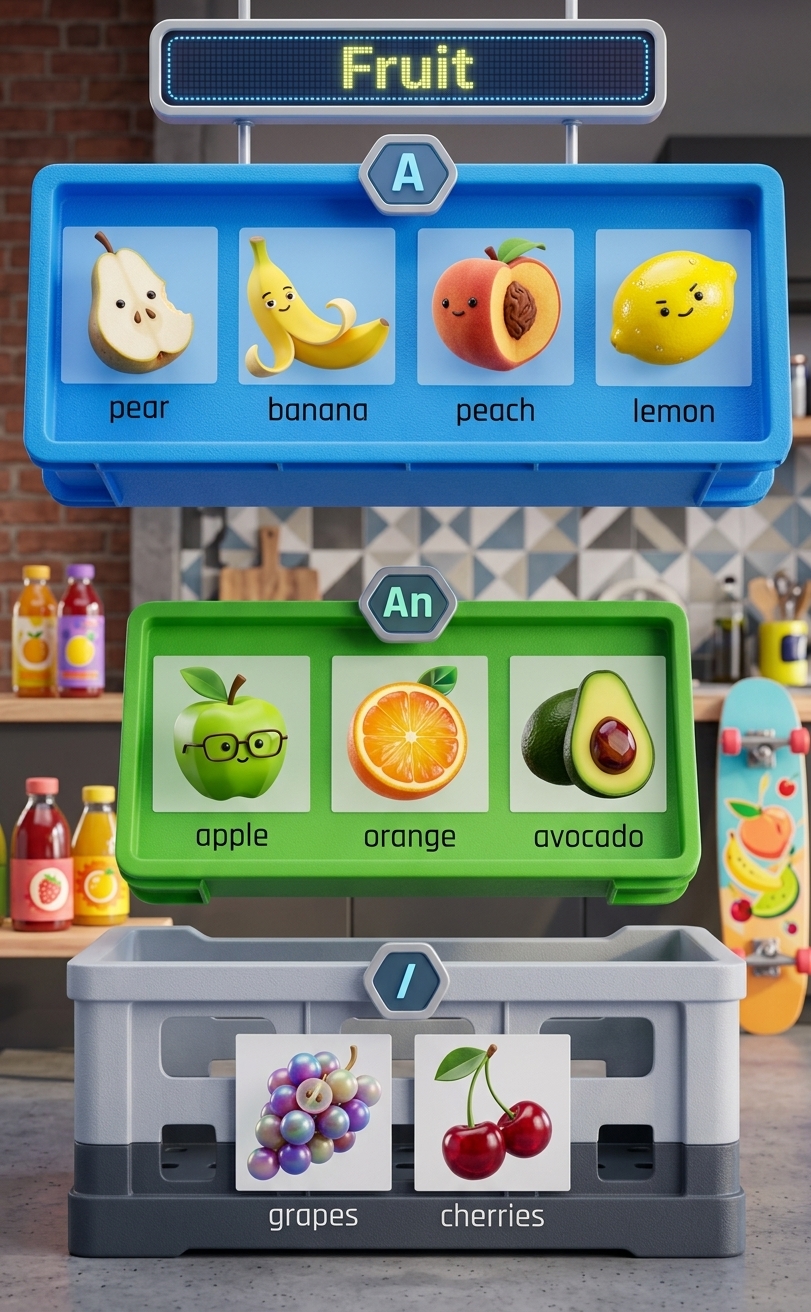 Pictures of fruit sorted by article: a, an, or plural
