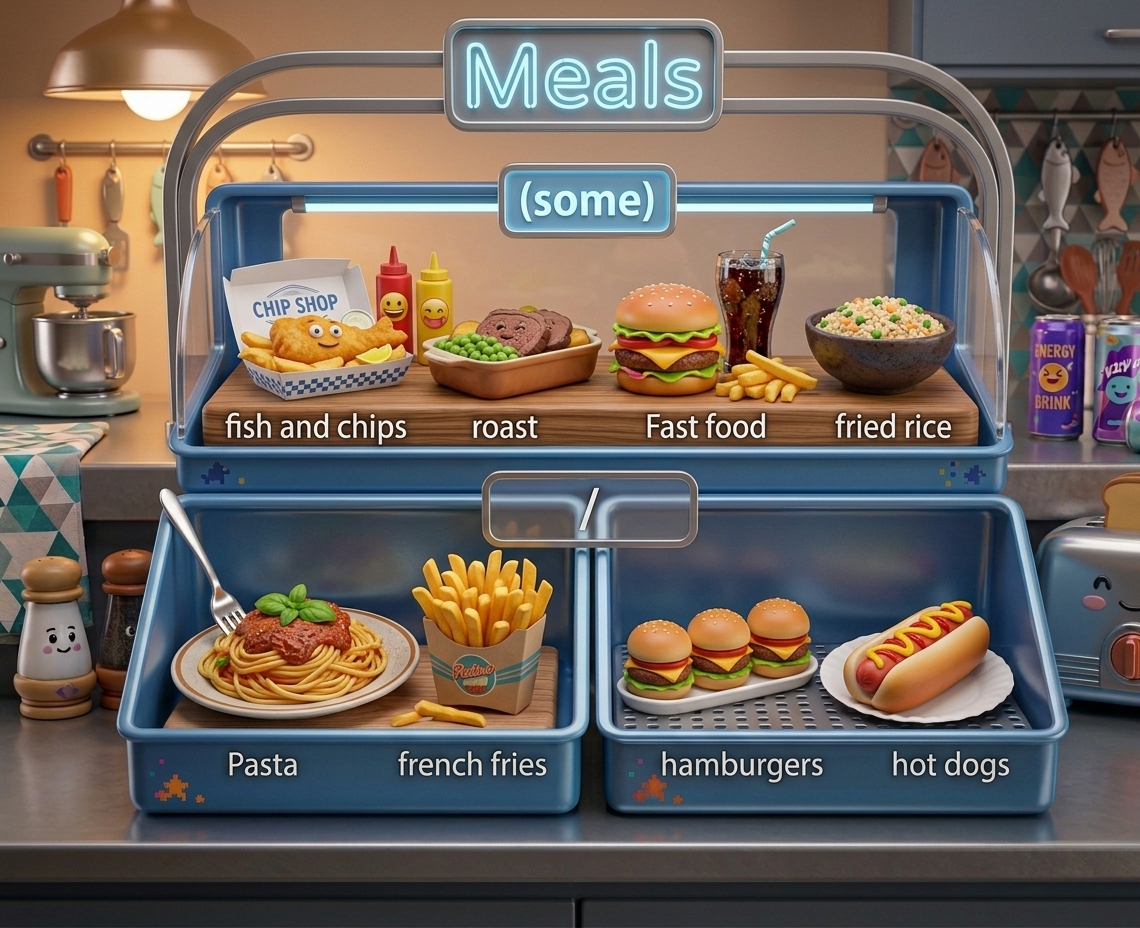 Pictures of meals: fish and chips, roast, fast food, fried rice, pasta, french fries, hamburgers, hot dogs