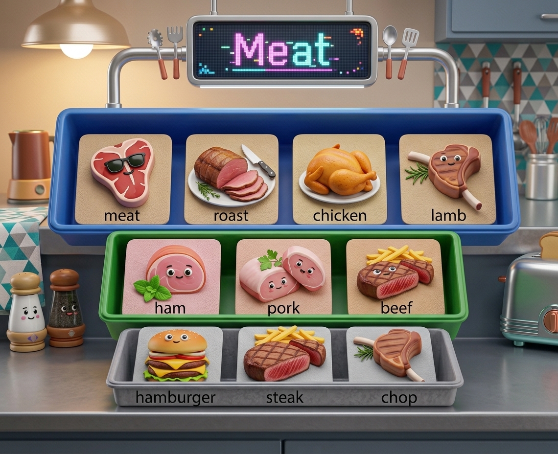 Pictures of meat: meat, roast, chicken, lamb, ham, pork, beef, hamburger, steak, chop