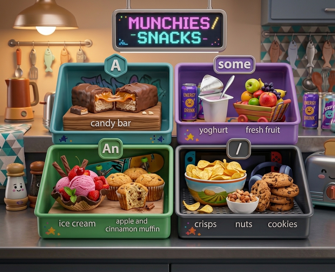 Snacks sorted by article: a candy bar, an ice cream, some yoghurt and fresh fruit, crisps/nuts/cookies