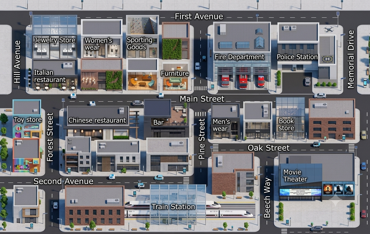 A street map with labelled shops and buildings