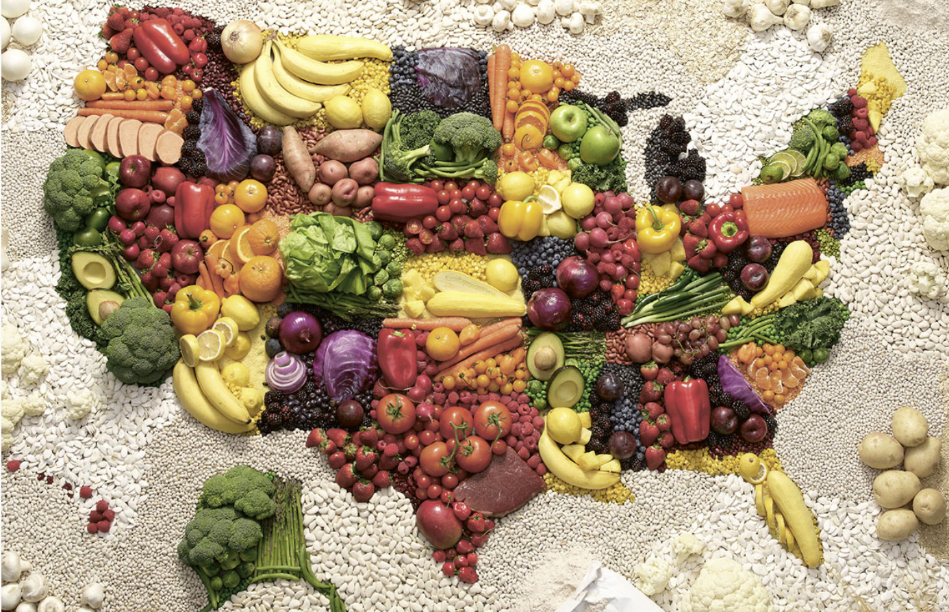 A map of the USA made entirely of fruits, vegetables and other food arranged by region