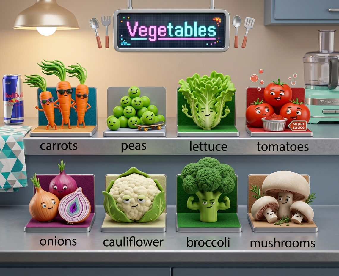 Pictures of vegetables: carrots, peas, lettuce, tomatoes, onions, cauliflower, broccoli, mushrooms
