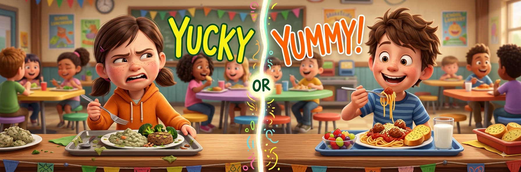 A girl grimacing at her plate of vegetables while a boy happily eats spaghetti and meatballs at the school canteen