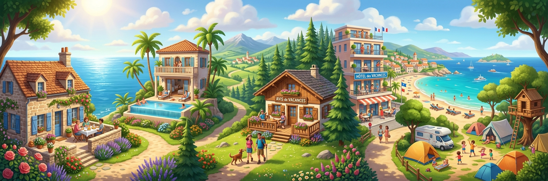 A sunny coastal holiday scene with a cottage, a villa with a pool, a chalet, a hotel, campervans and tents
