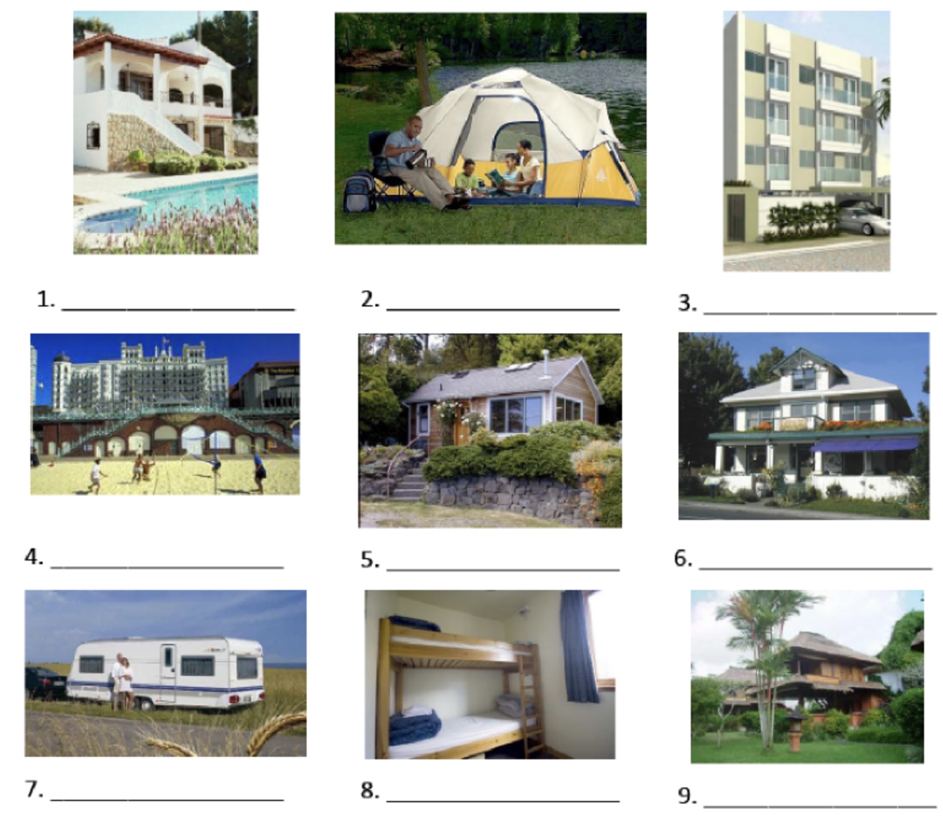 9 photos of different types of holiday accommodation