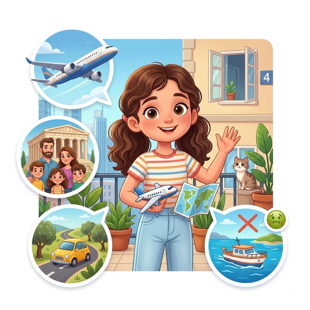Donna waving from her balcony, with bubbles showing a plane, her family, a car and a crossed-out boat