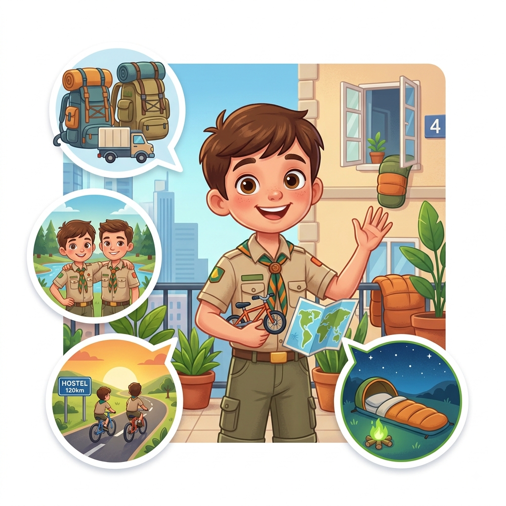 Jeremy the boy scout waving, with bubbles showing backpacks, his brother, bikes heading to a hostel, and a tent at night