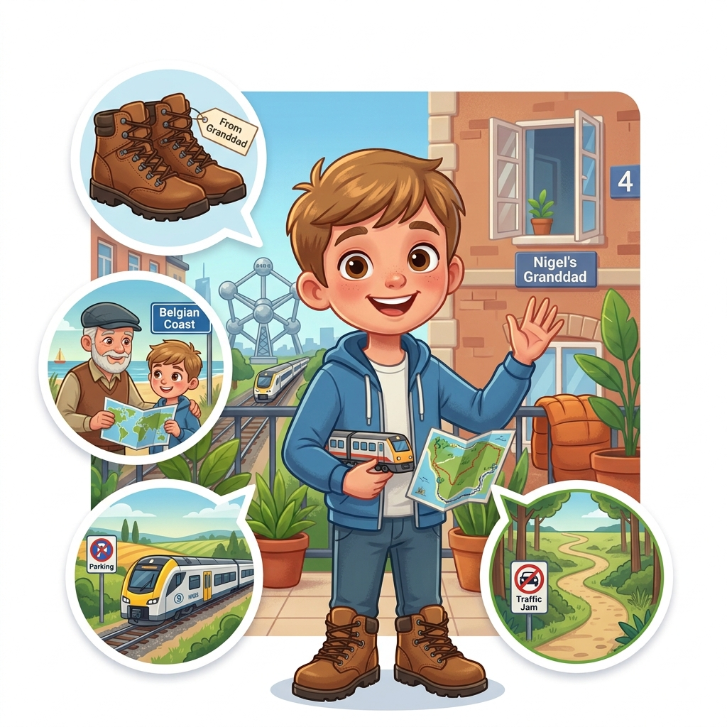 Nigel waving, with bubbles showing hiking boots from granddad, the two of them at the Belgian coast, a train, and a no-traffic-jam sign