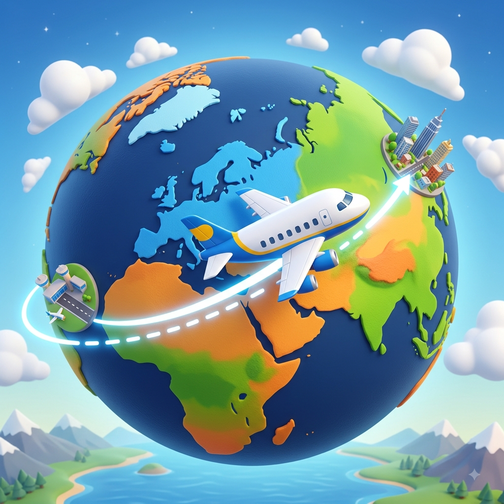 A plane flying a direct route from one airport straight to a city, with no stops
