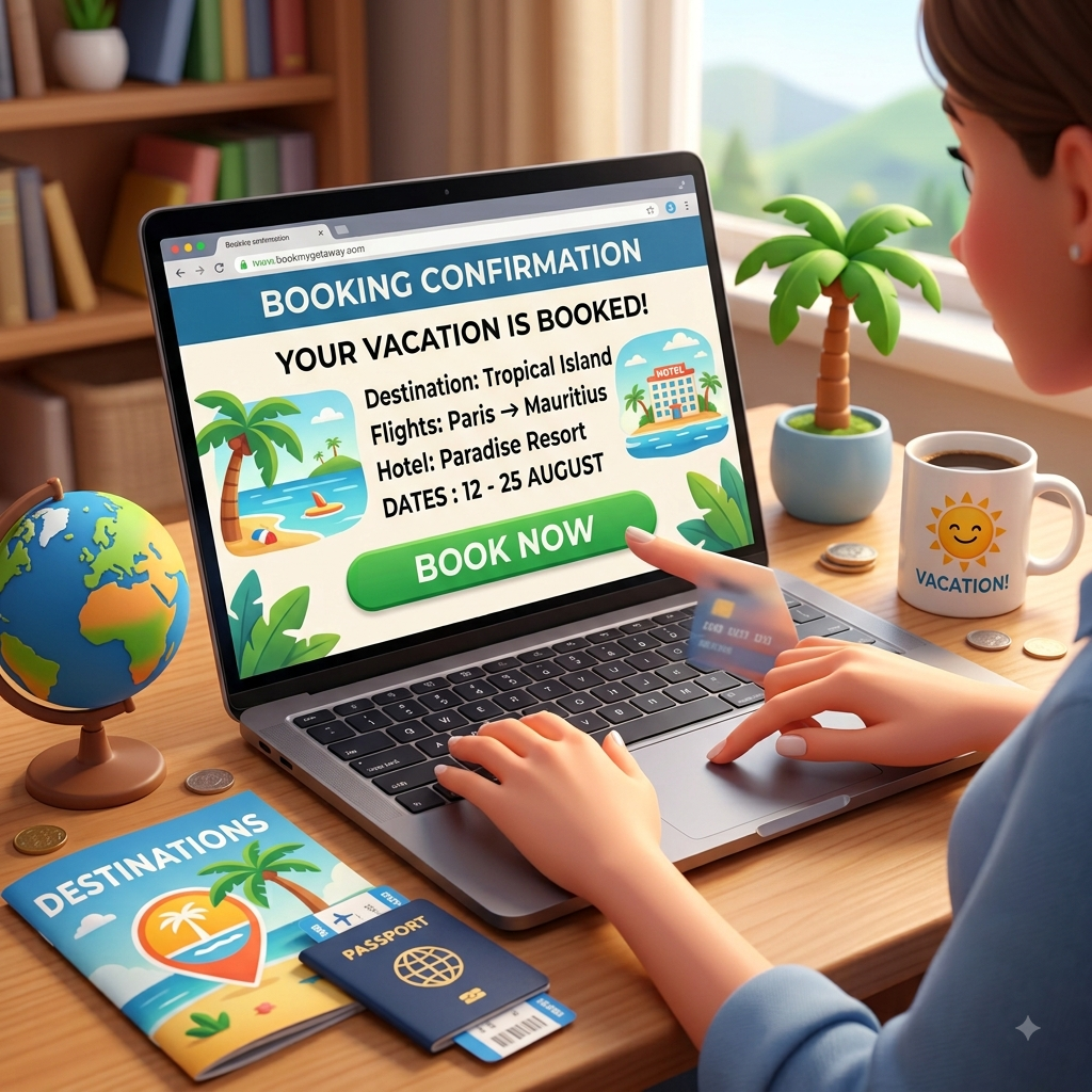 A laptop screen confirming a vacation booking