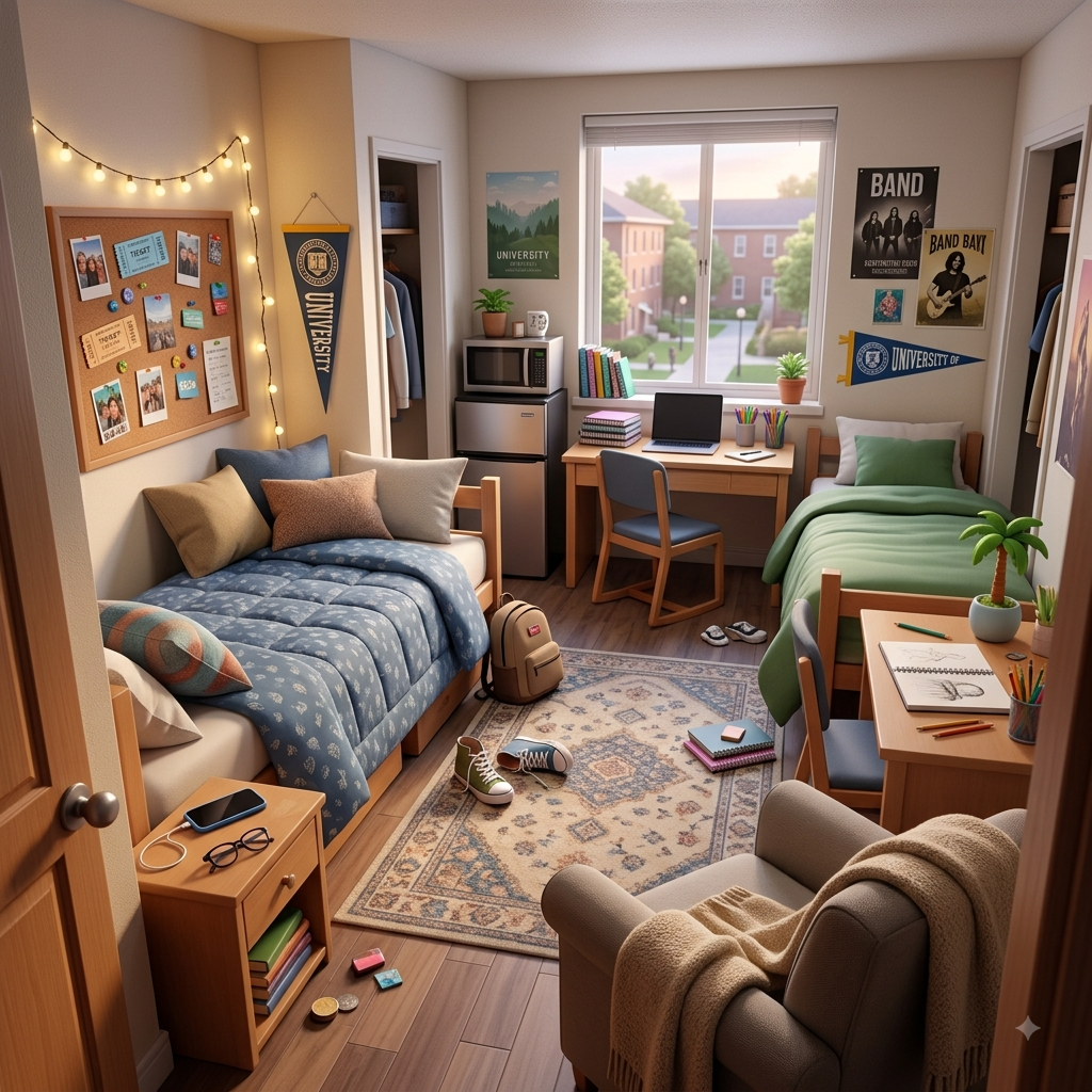 A university dorm room with two beds, desks and university pennants