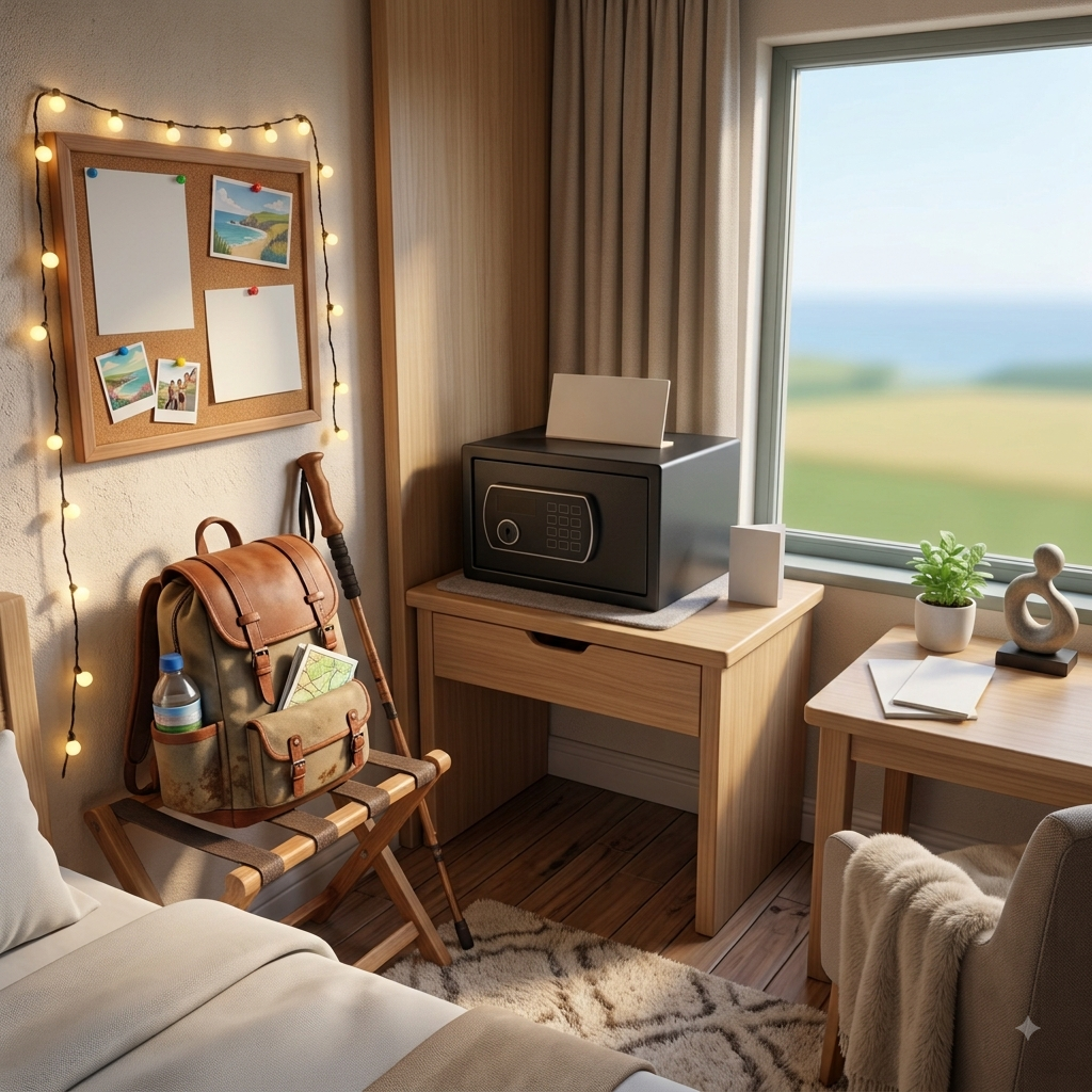 A hotel room safe on a nightstand next to a window with a countryside view