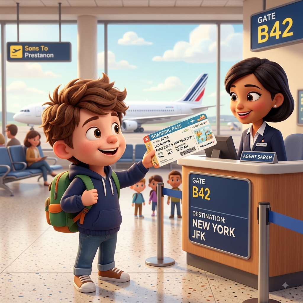 A boy showing his boarding pass to the gate agent at the airport