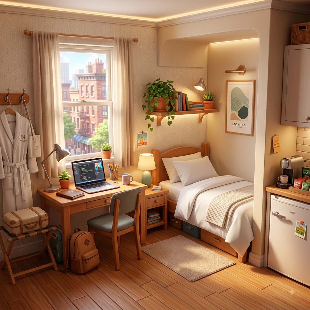 A small cosy single room with one bed, a desk and a window