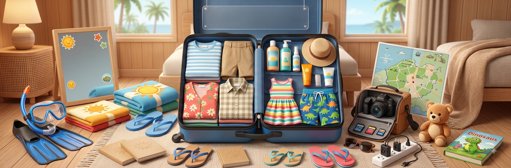 An open suitcase packed with summer clothes, sun cream, a hat, snorkelling gear, flip-flops, a camera and a map