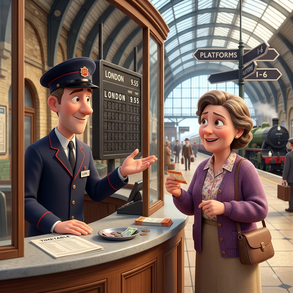 Linda buying a ticket from the clerk at the railway station ticket window