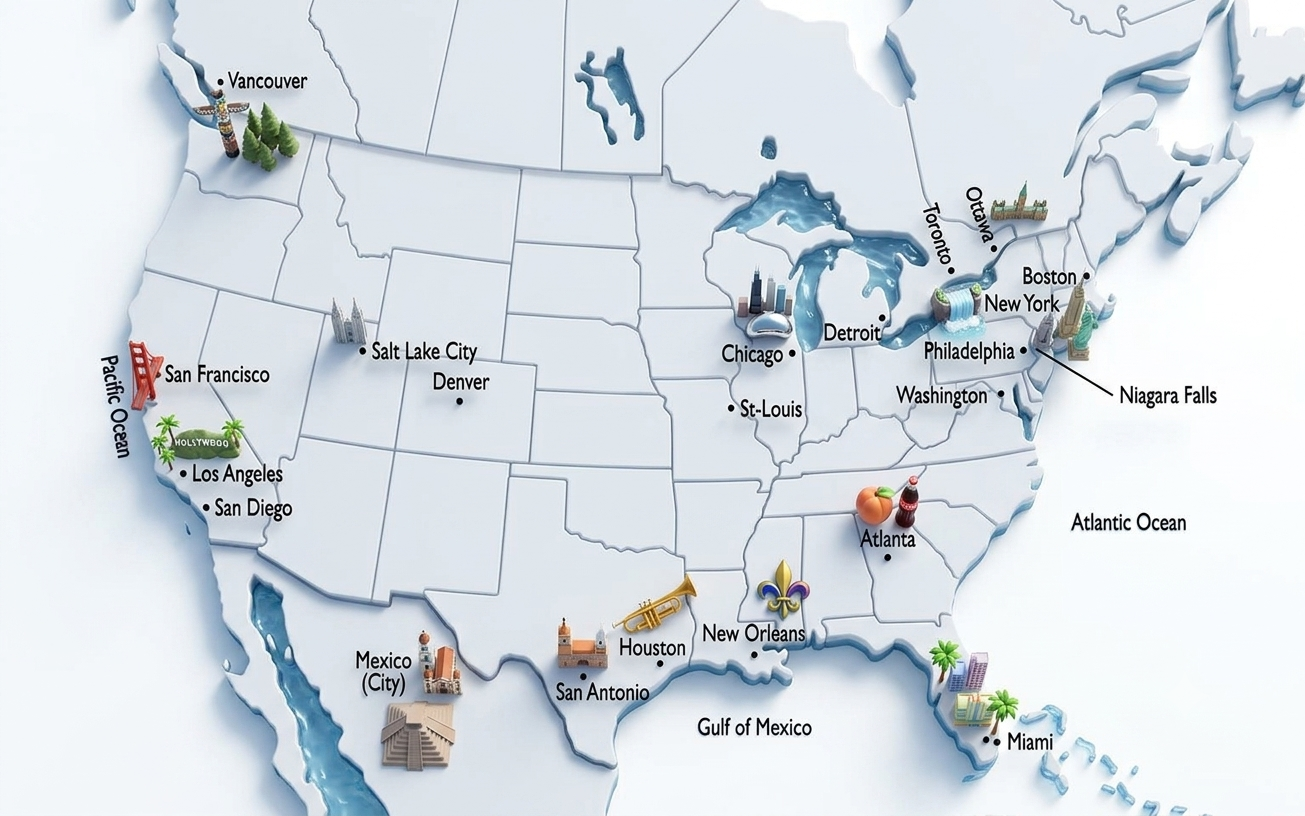 A map of the USA with cities and landmark icons: Vancouver, San Francisco, Los Angeles, San Diego, Salt Lake City, Denver, Chicago, Detroit, St-Louis, Toronto, Ottawa, Boston, New York, Philadelphia, Washington, Niagara Falls, Atlanta, Houston, San Antonio, New Orleans, Miami, Mexico City